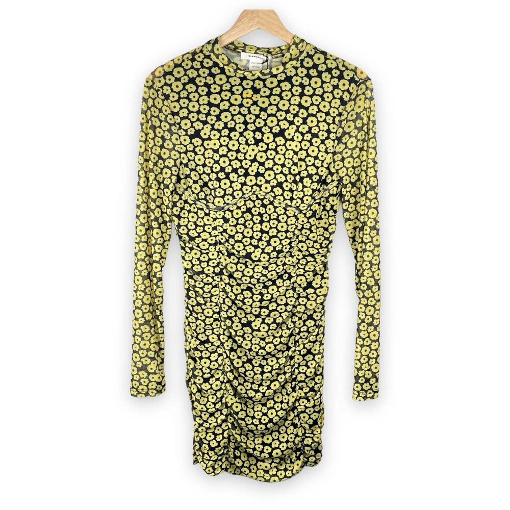 Glamorous NWT Black Multi Floral Mesh Long Sleeved Ruched Mini Dress Women S